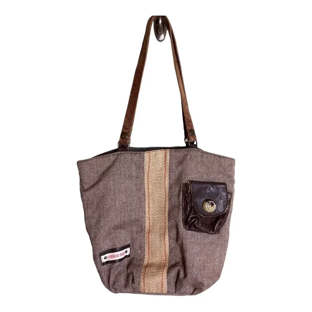 Catherine Parra Tote Women Herringbone Boho Leather Strap Artsy dark Academia